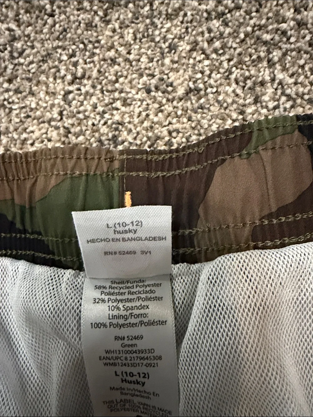 Boys wonder nation Camo Swim Trunks w/Orange Drawstring Size Large Husky 10/12